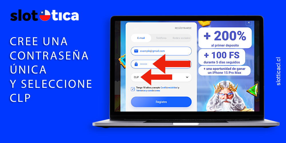 Escribe una contraseña y selecciona CLP como moneda