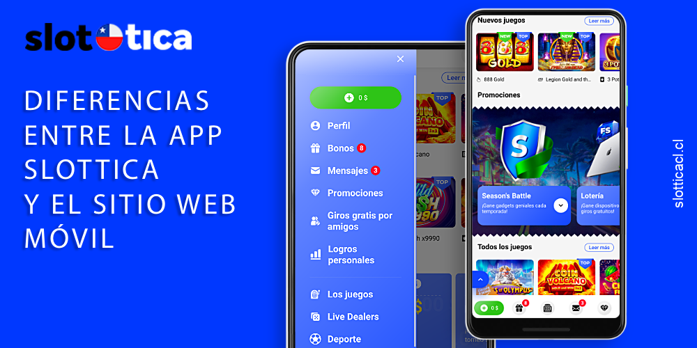 Comparación entre app y sitio móvil de Slottica